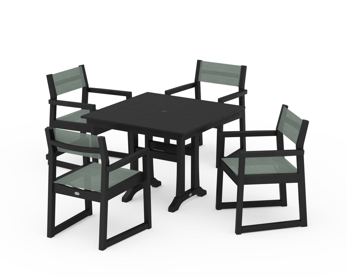 POLYWOOD EDGE Sling 5-Piece Farmhouse Dining Set with Trestle Legs in Black / Dupioni Sea Mist