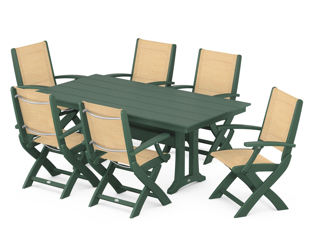 POLYWOOD Coastal Folding Arm Chair 7-Piece Farmhouse Dining Set with Trestle Legs in Green / Dupioni Apricot