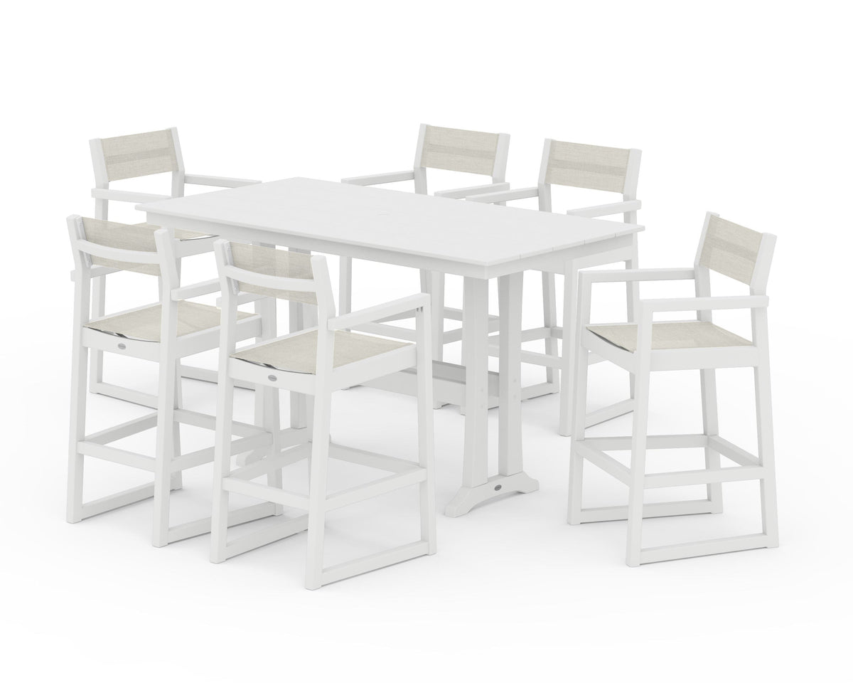 POLYWOOD EDGE Sling Arm Chair 7-Piece Farmhouse Bar Set with Trestle Legs in White / Parchment