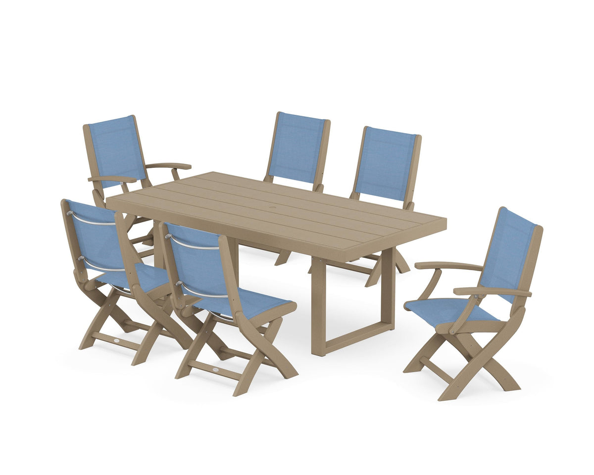 POLYWOOD Coastal Folding Chair 7-Piece Dining Set with Trestle Legs with EDGE 40" x 78" Dining Table in Vintage Sahara / Poolside