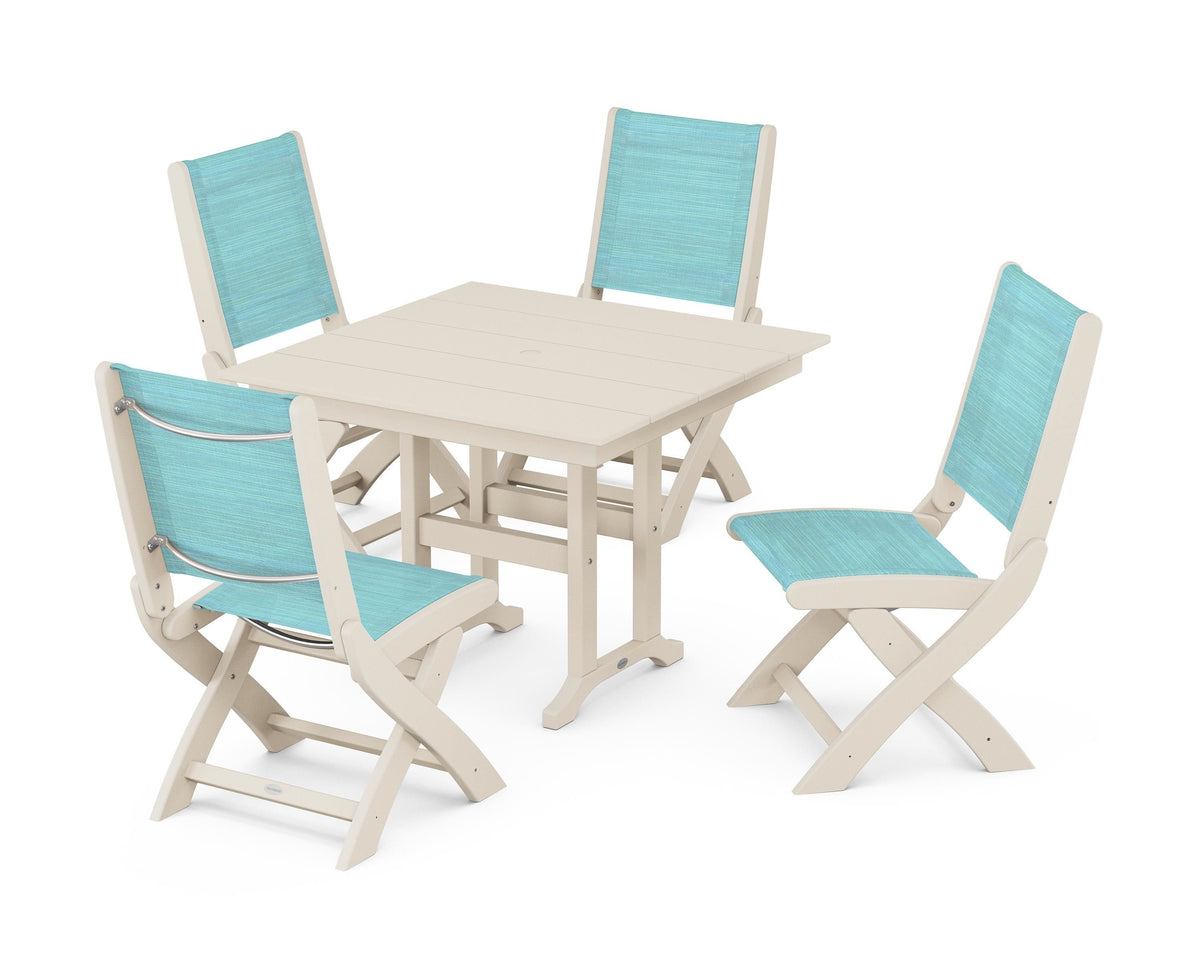 POLYWOOD Coastal Folding Side Chair 5-Piece Farmhouse Dining Set in Sand / Dupioni Aquamarine