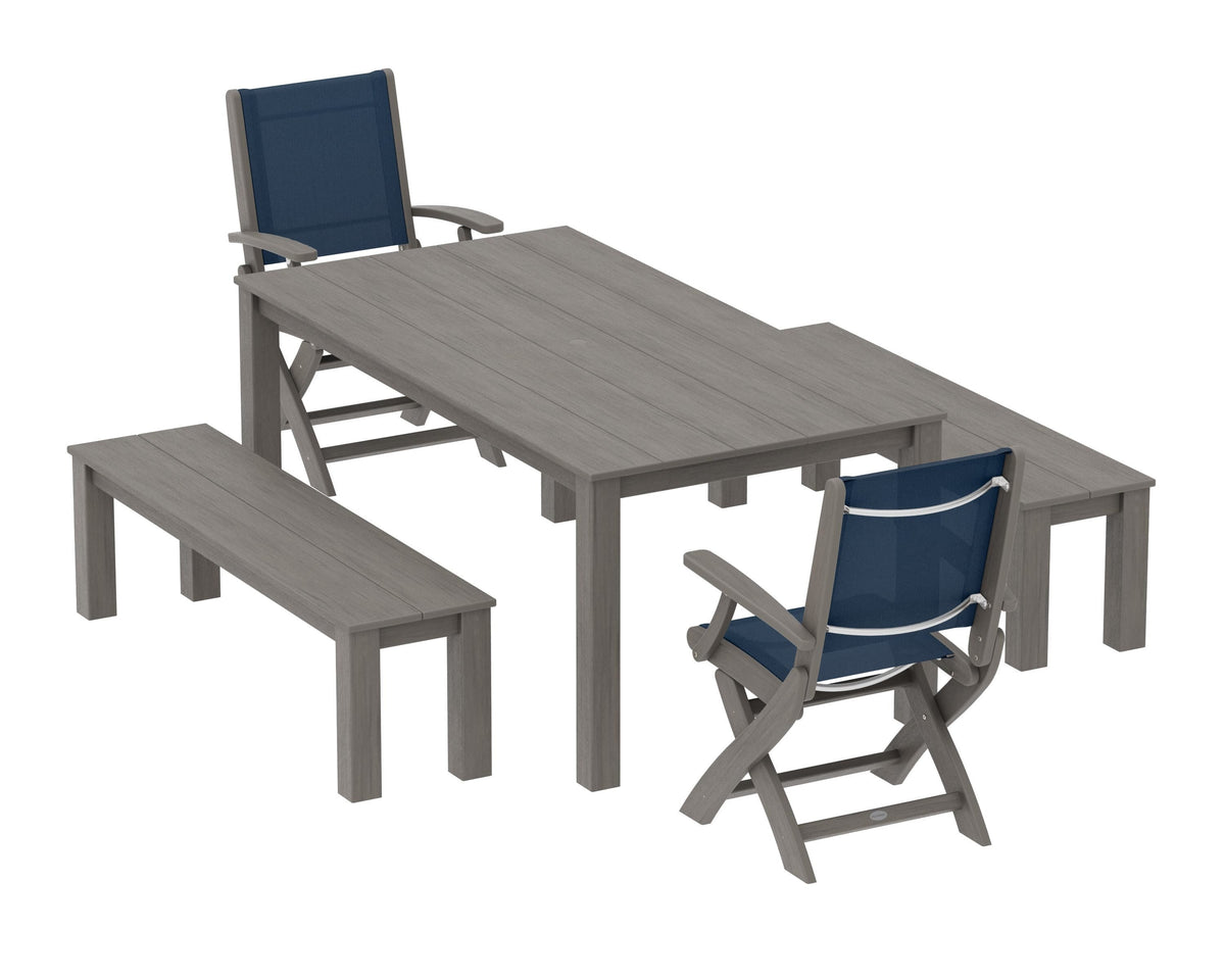 POLYWOOD Coastal Folding Chair 5-Piece Parsons Dining Set with Benches in Driftwood / Navy Blue