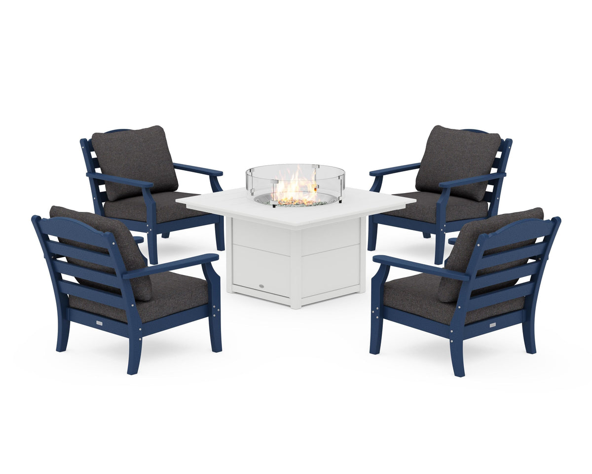 POLYWOOD Savannah 5-Piece Deep Seating Set with Fire Pit Table in Navy