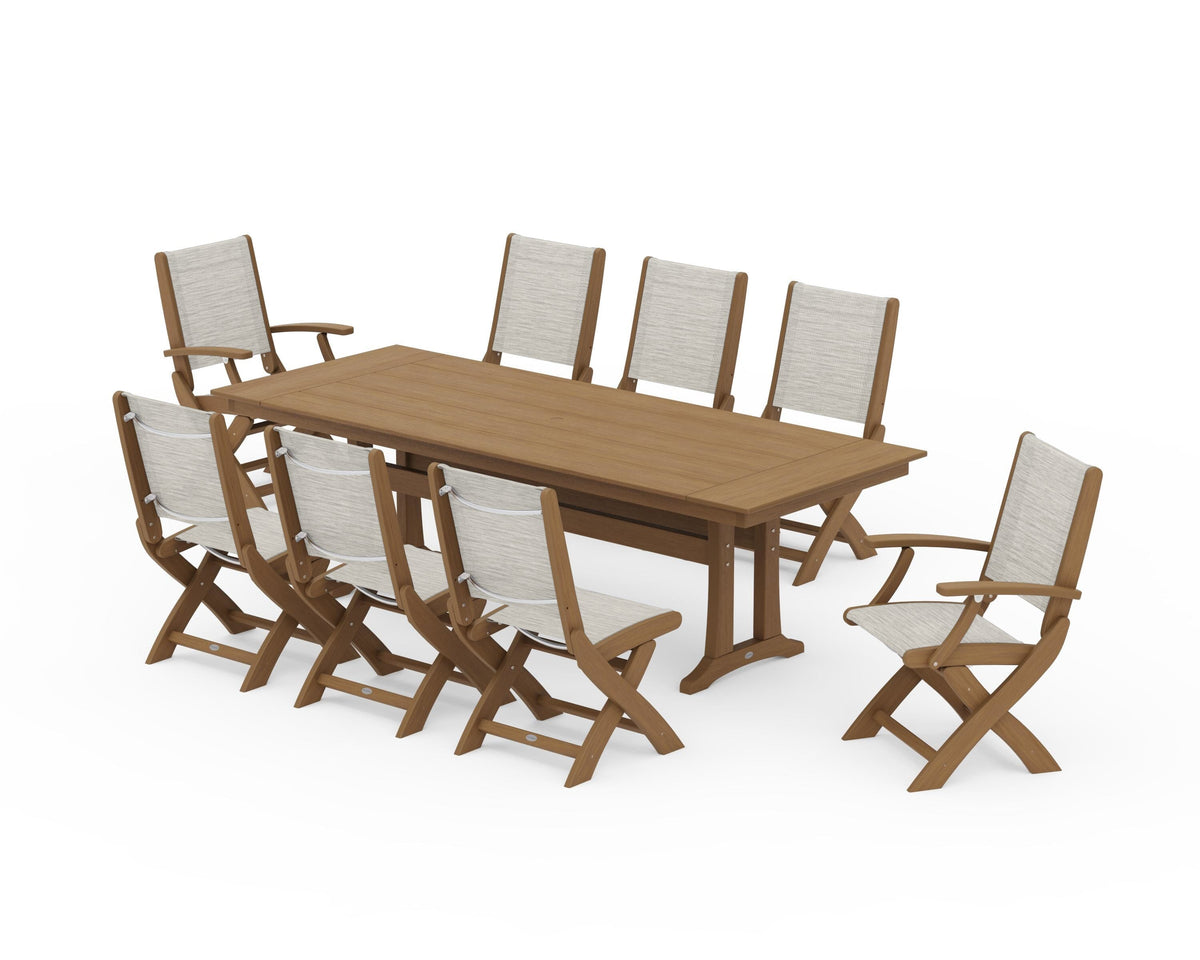 POLYWOOD Coastal 9-Piece Folding Dining Chair Farmhouse Dining Set with Trestle Legs in Natural / Birch