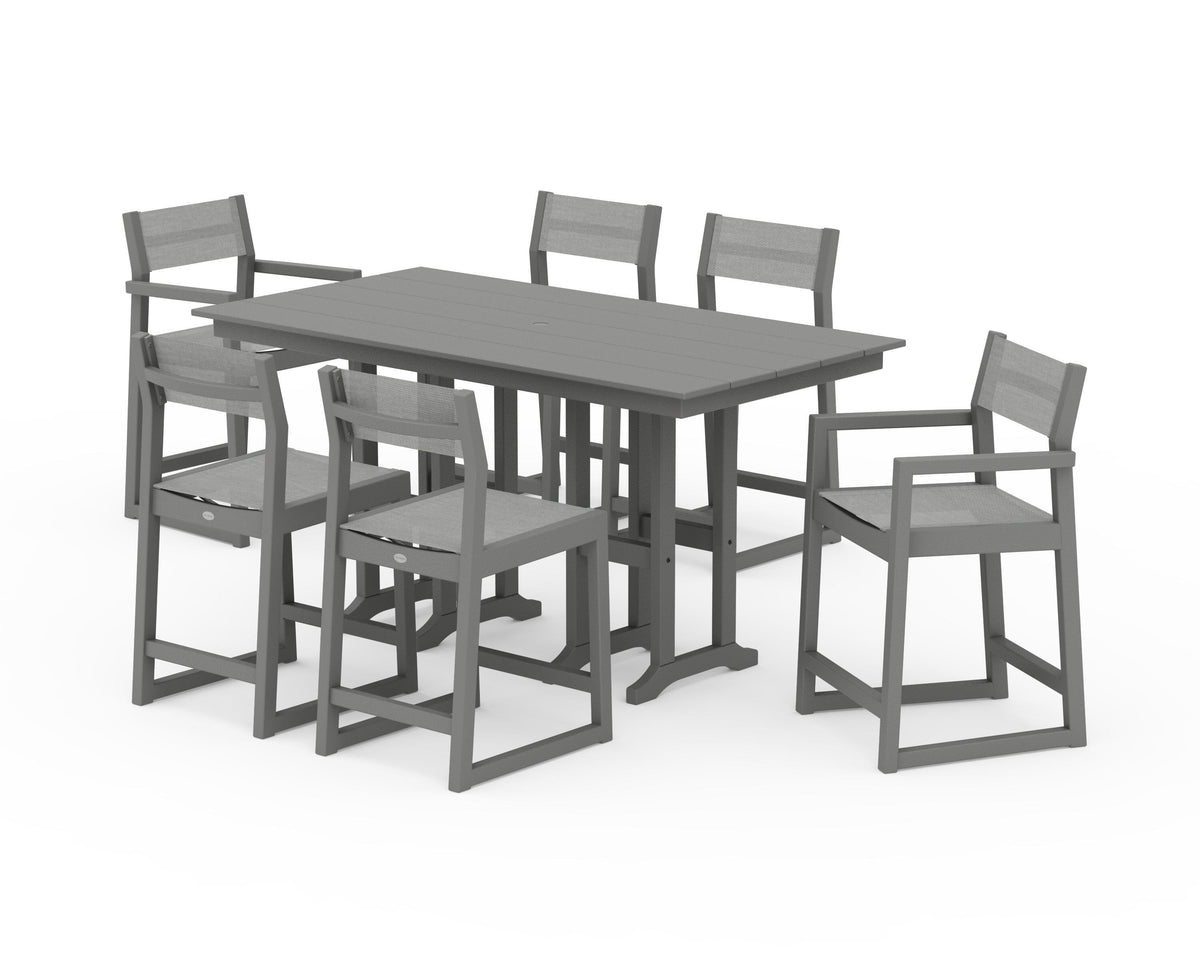 POLYWOOD EDGE Sling 7-Piece Farmhouse Counter Set with Trestle Legs in Slate Grey / Metallic