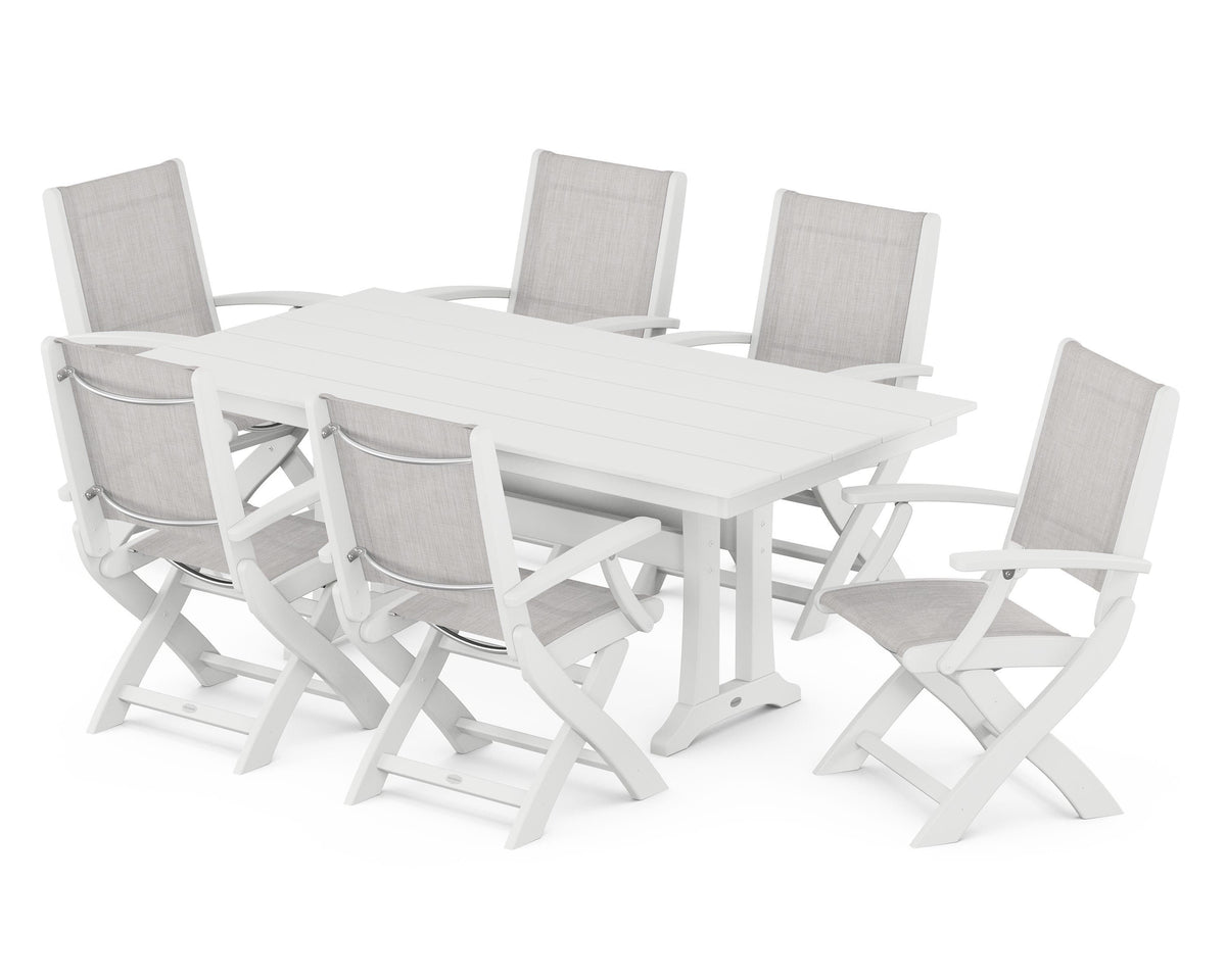 POLYWOOD Coastal Folding Arm Chair 7-Piece Farmhouse Dining Set with Trestle Legs in White / Parchment