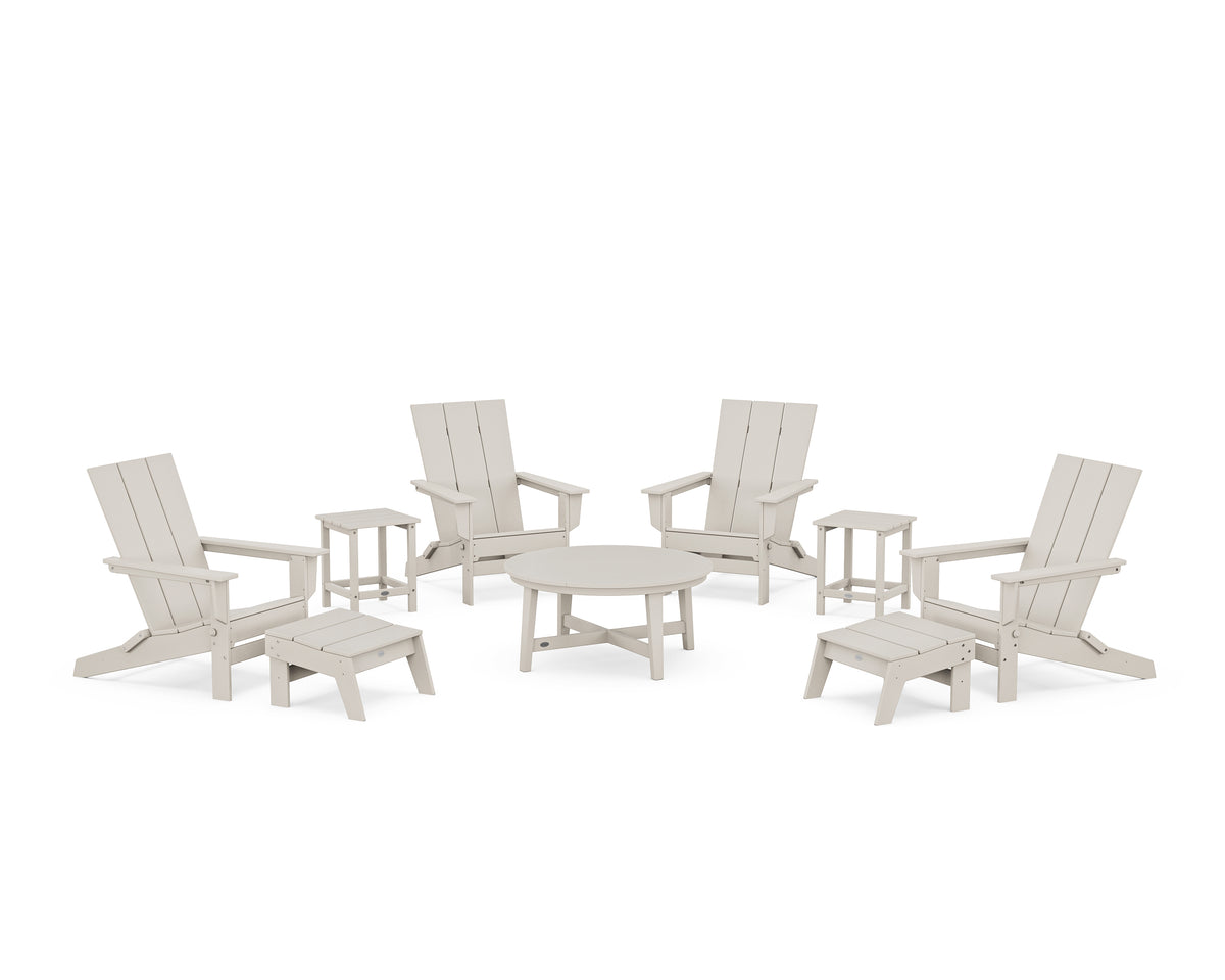 POLYWOOD Modern Studio Folding Adirondack 9-Piece Conversation Set in Sand