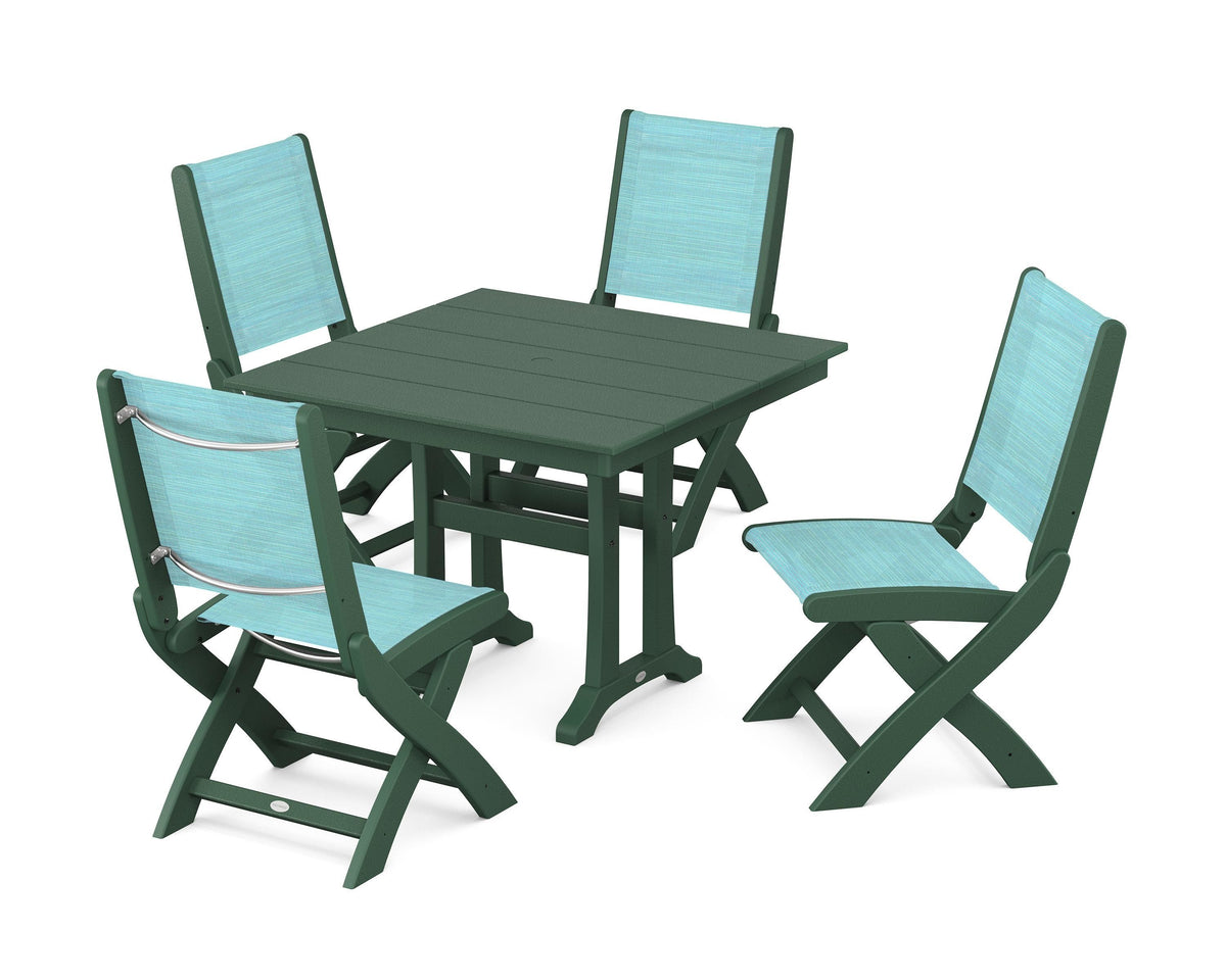 POLYWOOD Coastal Folding Side Chair 5-Piece Farmhouse Dining Set With Trestle Legs in Green / Dupioni Aquamarine