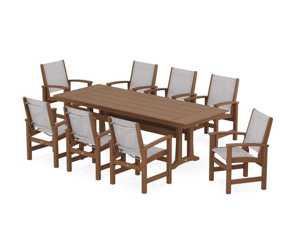 POLYWOOD Coastal 9-Piece Farmhouse Dining Set with Trestle Legs in Teak / Parchment