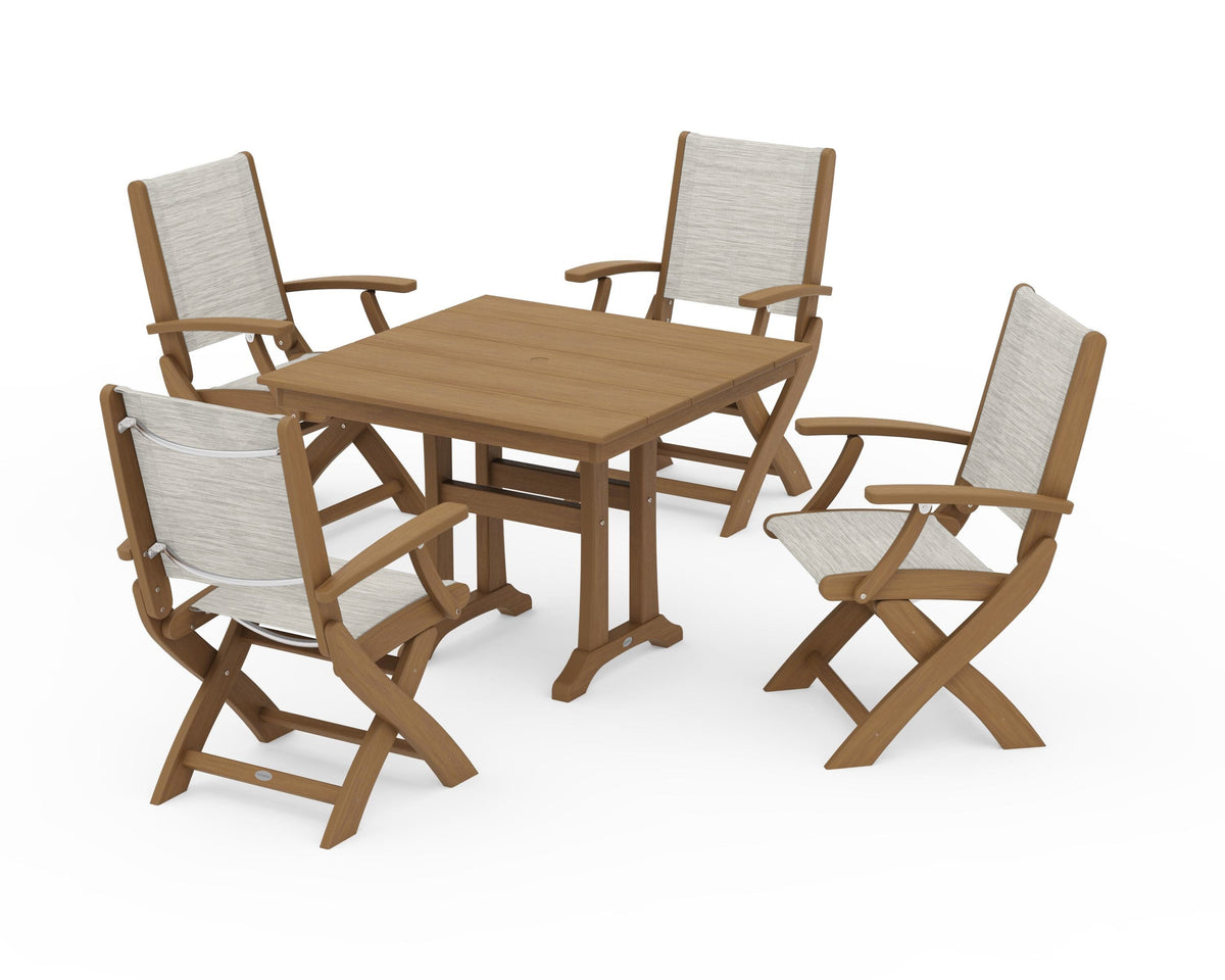 POLYWOOD Coastal Folding Chair 5-Piece Farmhouse Dining Set With Trestle Legs in Natural / Birch