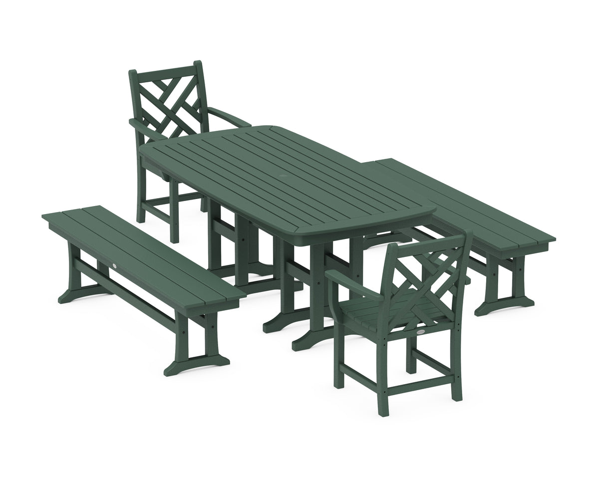 POLYWOOD Chippendale 5-Piece Dining Set with Benches - 37" x 72" Table in Green