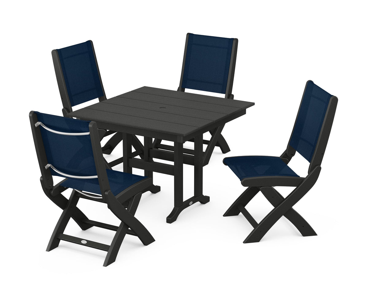 POLYWOOD Coastal Folding Side Chair 5-Piece Farmhouse Dining Set in Black / Navy Blue