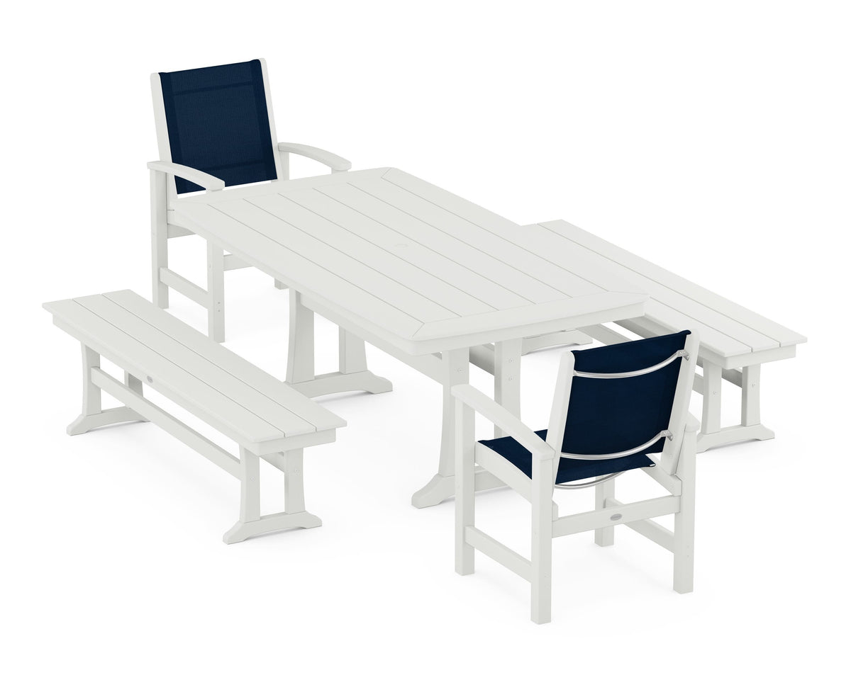 POLYWOOD Coastal 5-Piece Dining Set with Trestle Legs and Benches in Vintage White / Navy Blue