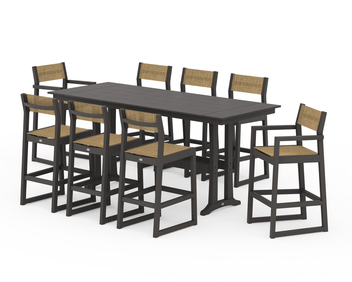 POLYWOOD EDGE Sling 9-Piece Farmhouse Bar Set with Trestle Legs in Vintage Coffee / Burlap