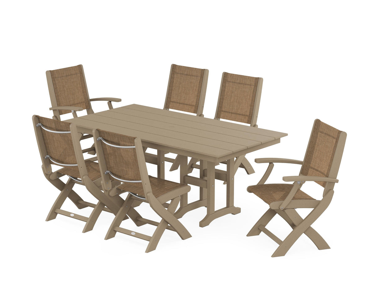 POLYWOOD Coastal Folding Chair 7-Piece Farmhouse Dining Set in Vintage Sahara / Burlap