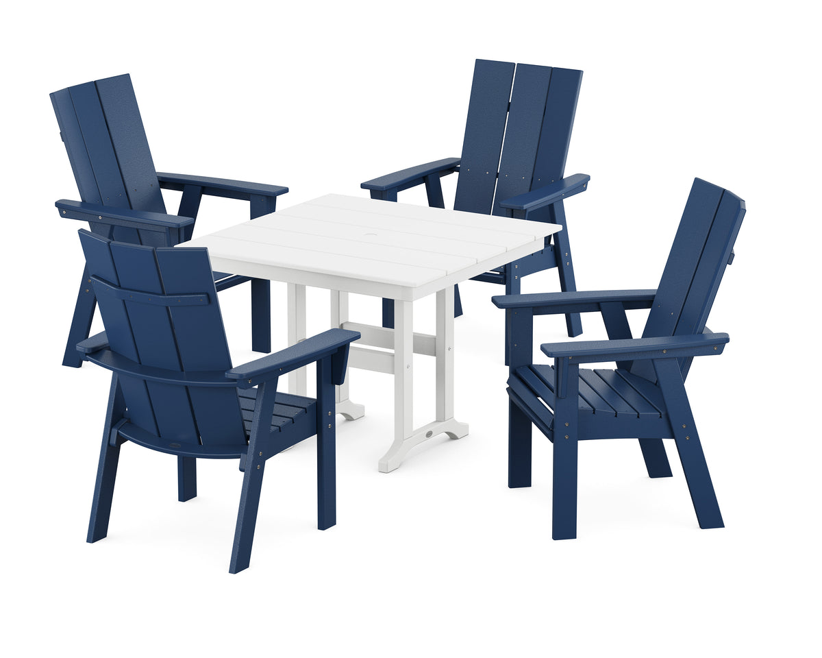 POLYWOOD Modern Curveback Adirondack 5-Piece Farmhouse Dining Set in Navy / White