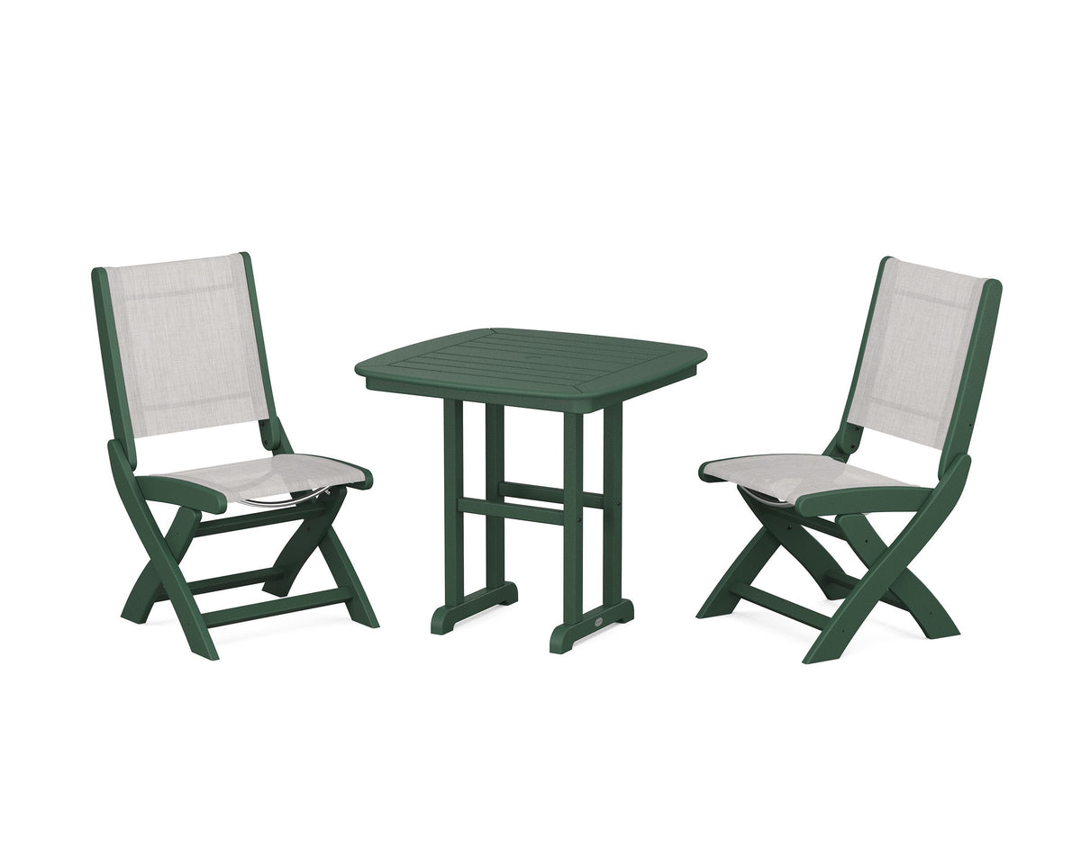 POLYWOOD Coastal Folding Side Chair 3-Piece Dining Set in Green / Parchment