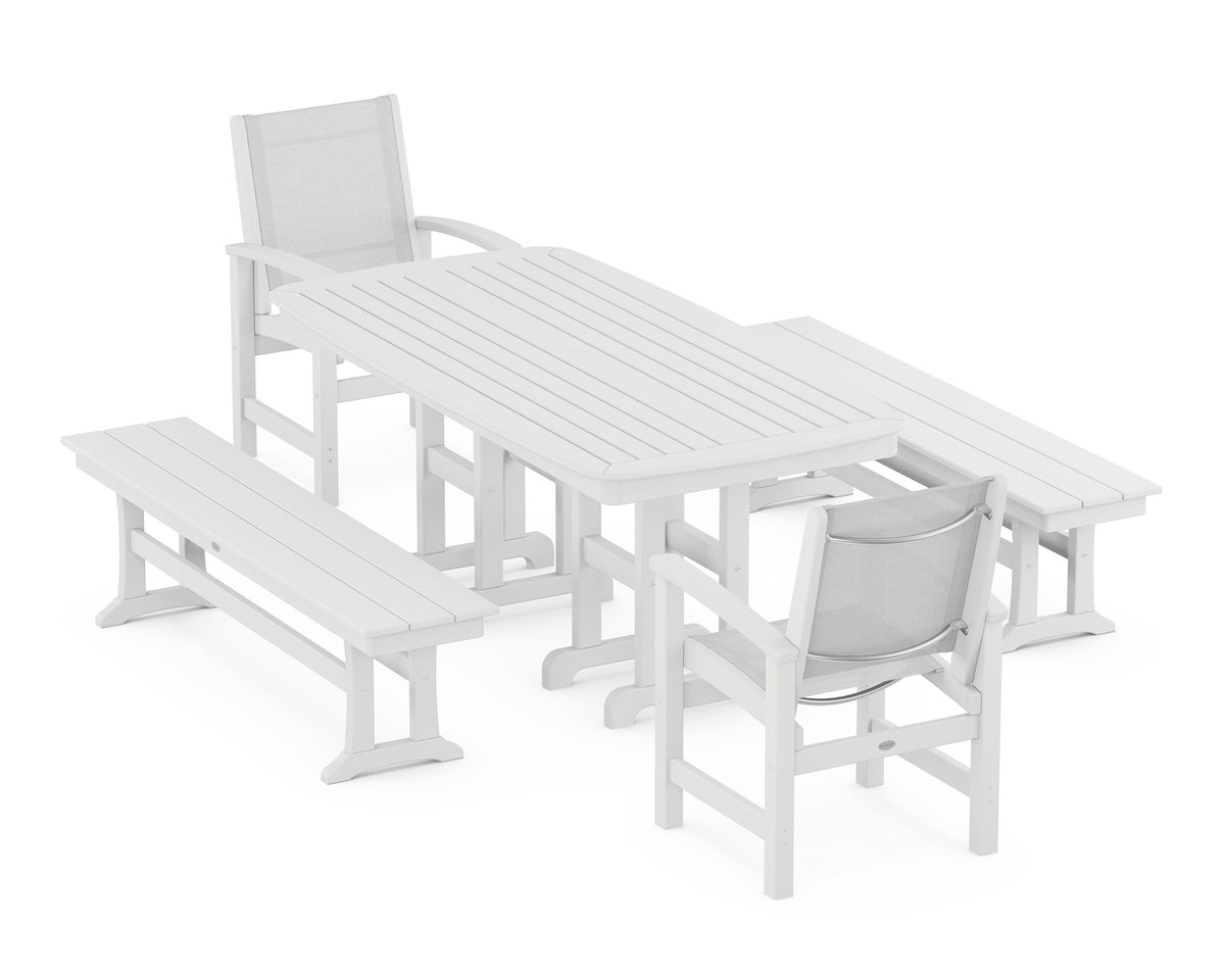 POLYWOOD Coastal 5-Piece Dining Set with Nautical 37" x 72" Dining Table in White / White