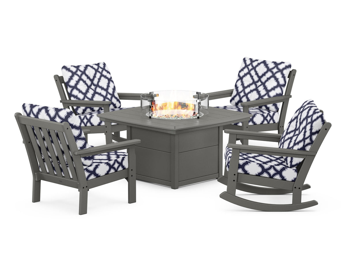 POLYWOOD Vineyard 5-Piece Deep Seating Rocking Chair Conversation Set with Fire Pit Table in Slate Grey / Trellis Navy