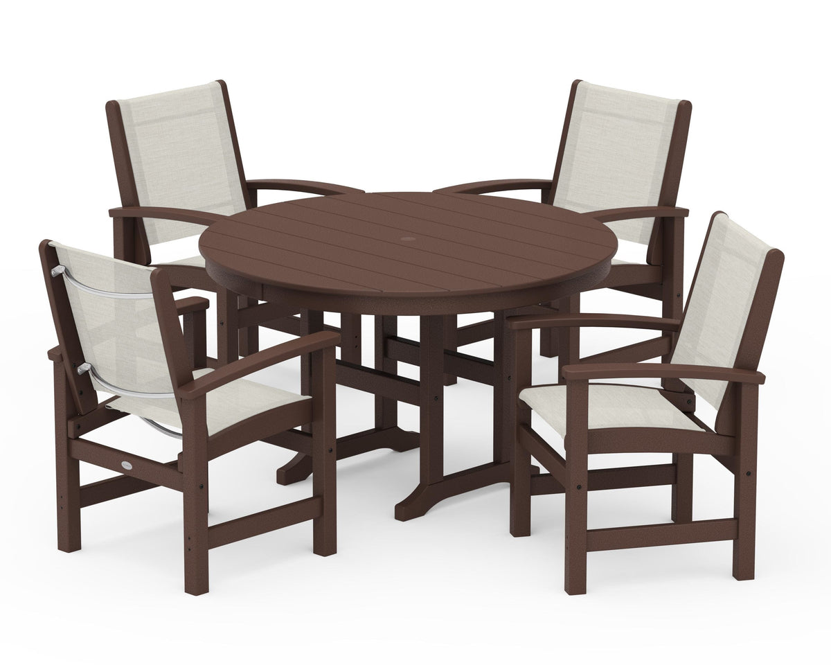 POLYWOOD Coastal 5-Piece Round Farmhouse Dining Set in Mahogany / Parchment