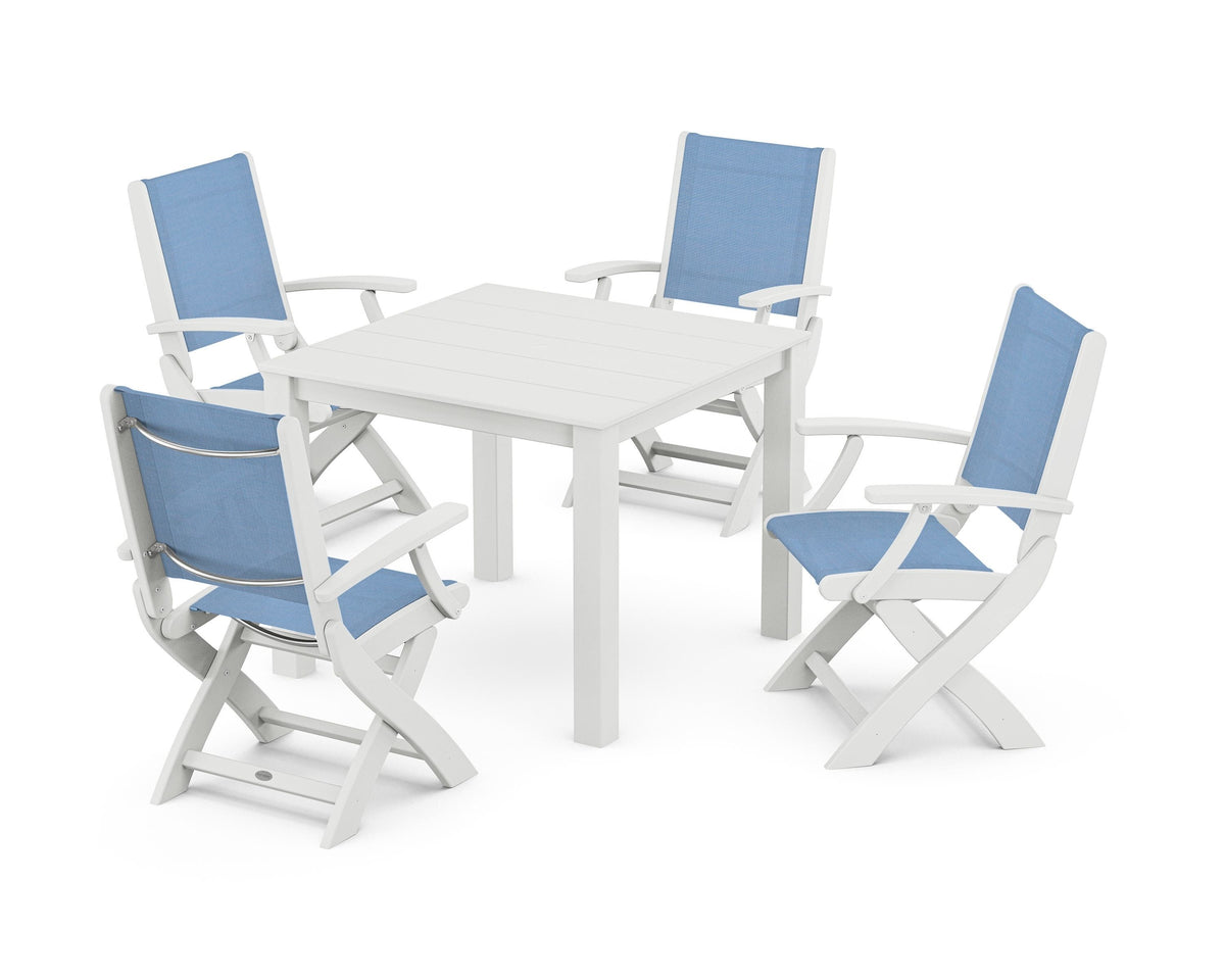 POLYWOOD Coastal Folding Chair 5-Piece Parsons Dining Set in White / Poolside
