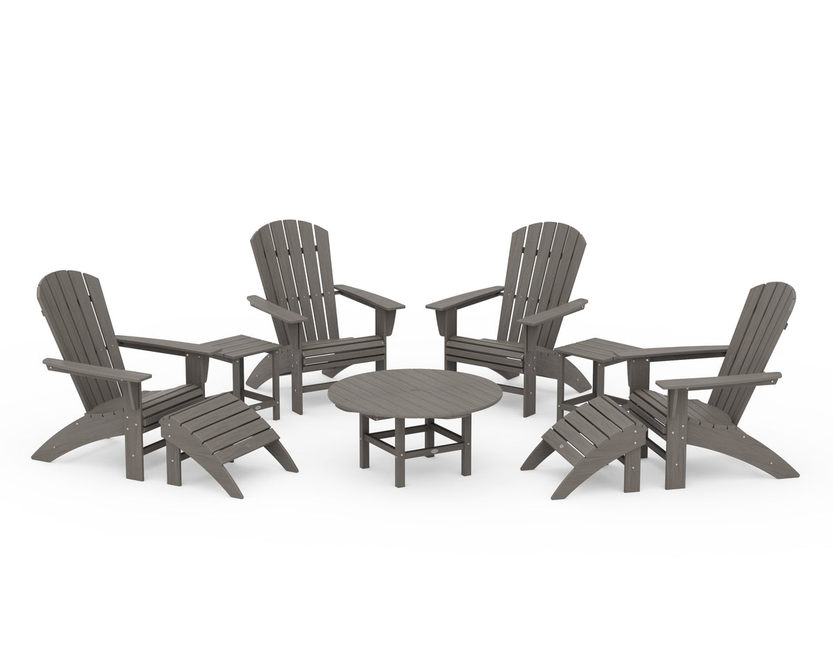 POLYWOOD Nautical Curveback Adirondack Chair 9-Piece Conversation Set in Driftwood