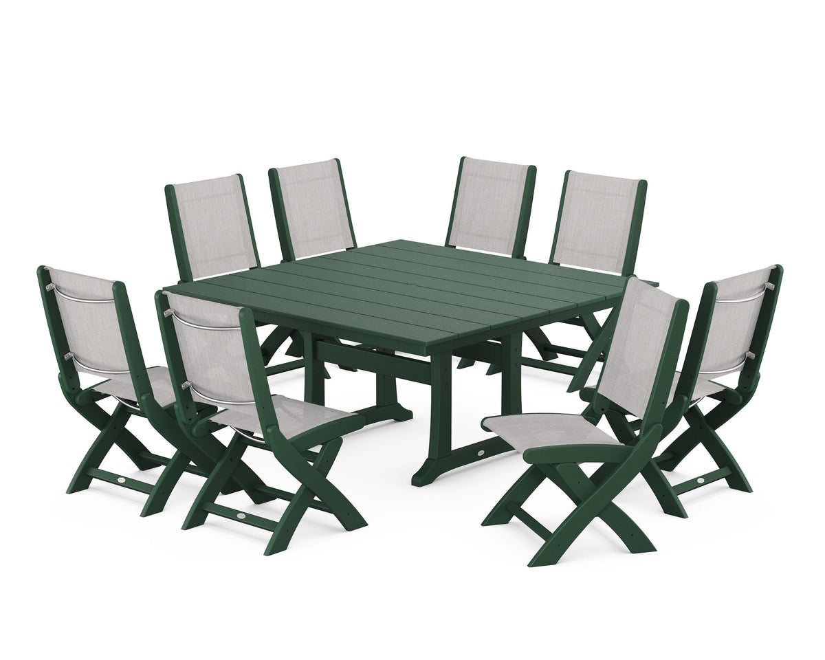 POLYWOOD Coastal Folding Side Chair 9-Piece Farmhouse Dining Set in Green / Parchment