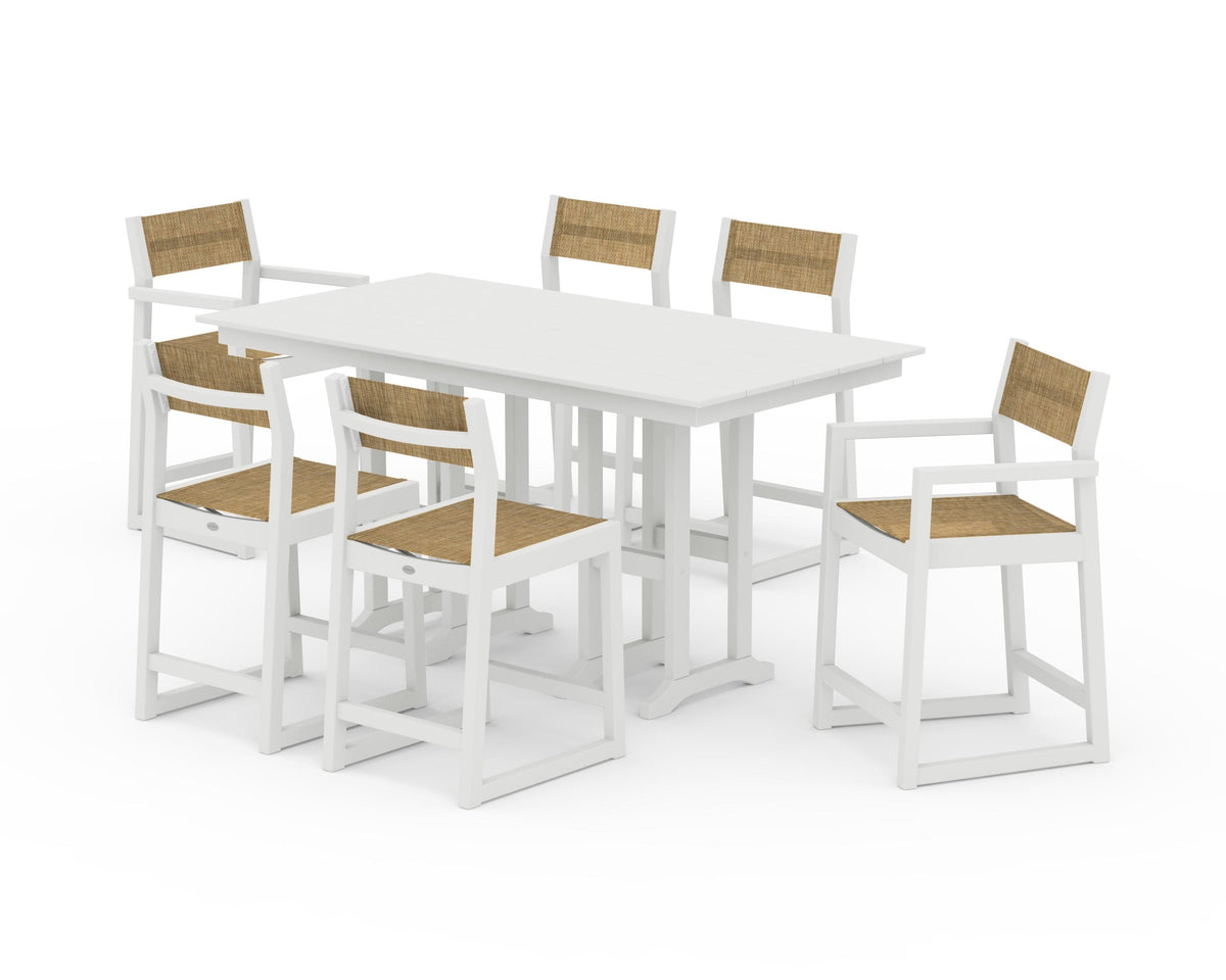 POLYWOOD EDGE Sling 7-Piece Farmhouse Counter Set with Trestle Legs in Vintage White / Burlap