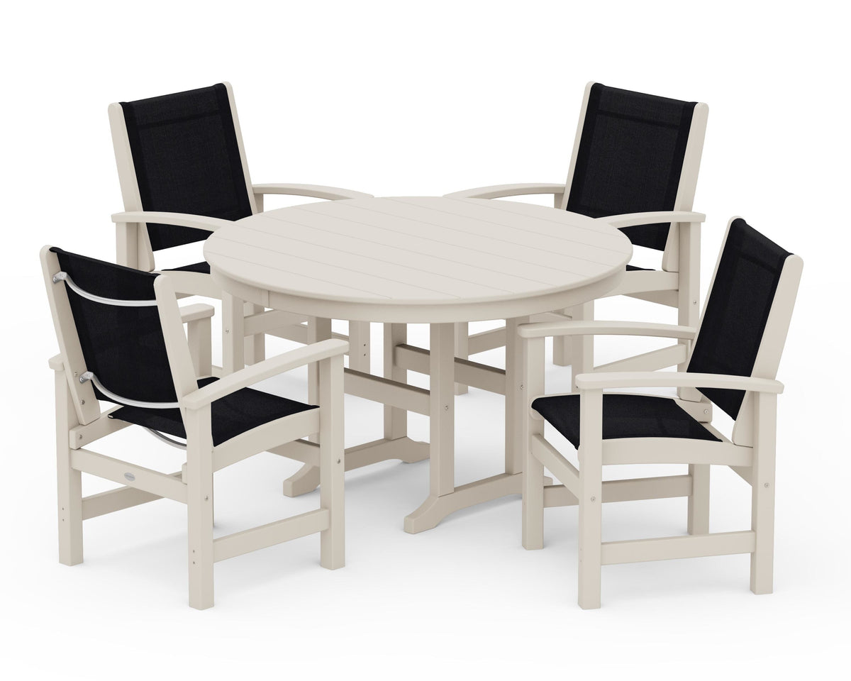 POLYWOOD Coastal 5-Piece Round Farmhouse Dining Set in Sand / Black