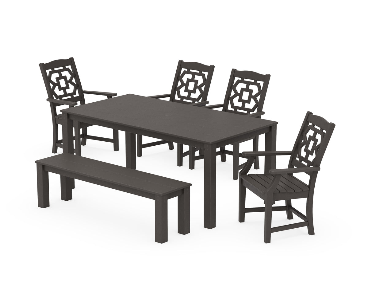 POLYWOOD Chinoiserie 6-Piece Parsons Dining Set with Bench in Vintage Coffee