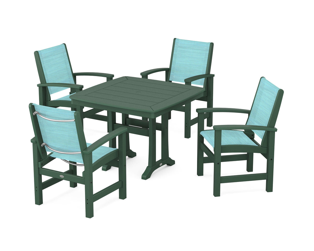 POLYWOOD Coastal 5-Piece Dining Set with Trestle Legs with Nautical Trestle 37" Dining Table in Green / Dupioni Aquamarine