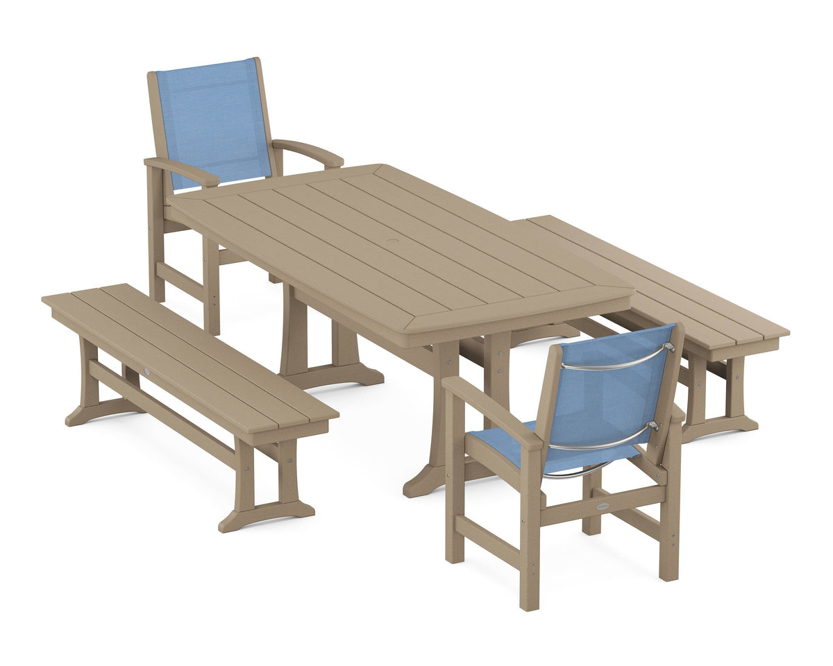 POLYWOOD Coastal 5-Piece Dining Set with Trestle Legs and Benches in Vintage Sahara / Poolside
