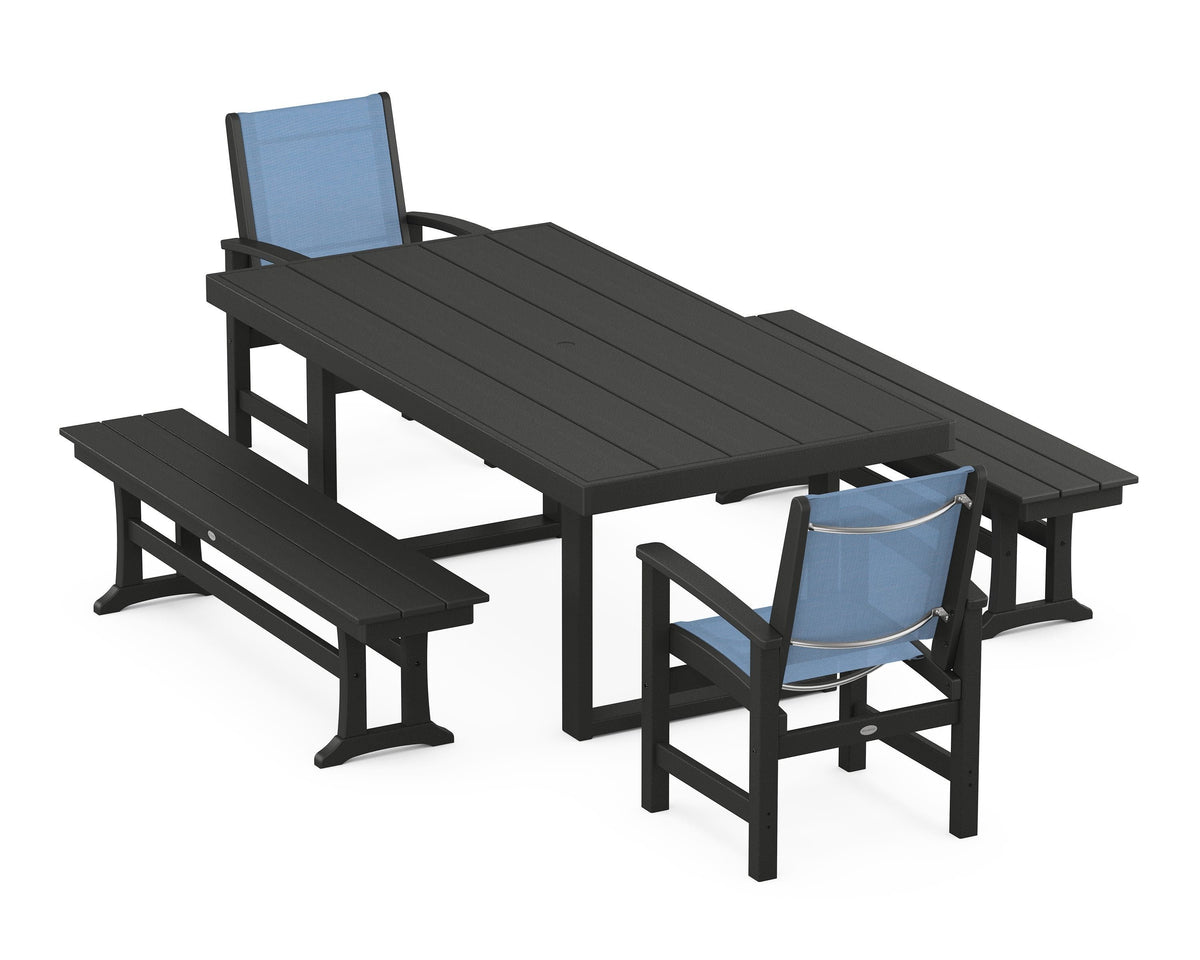 POLYWOOD Coastal 5-Piece Dining Set with Trestle Legs with EDGE 40" x 78" Dining Table in Black / Poolside