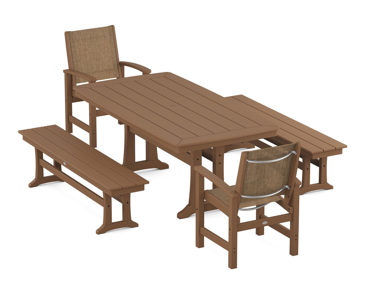 POLYWOOD Coastal 5-Piece Dining Set with Trestle Legs and Benches in Teak / Burlap