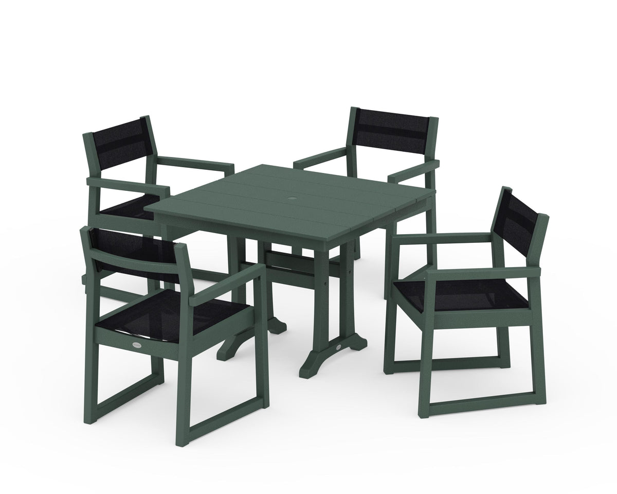 POLYWOOD EDGE Sling 5-Piece Farmhouse Dining Set with Trestle Legs in Green / Black