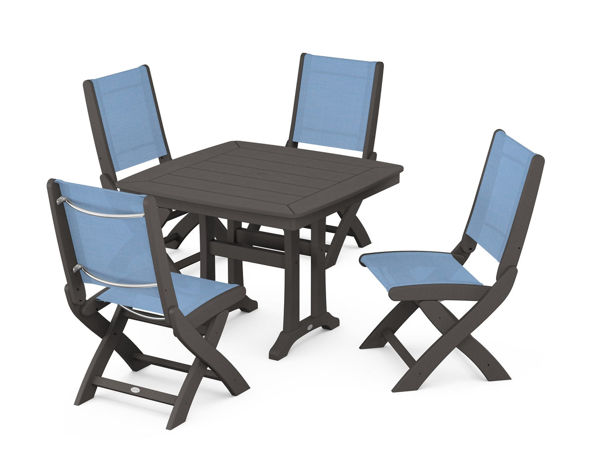 POLYWOOD Coastal Folding Side Chair 5-Piece Dining Set with Trestle Legs in Vintage Coffee / Poolside