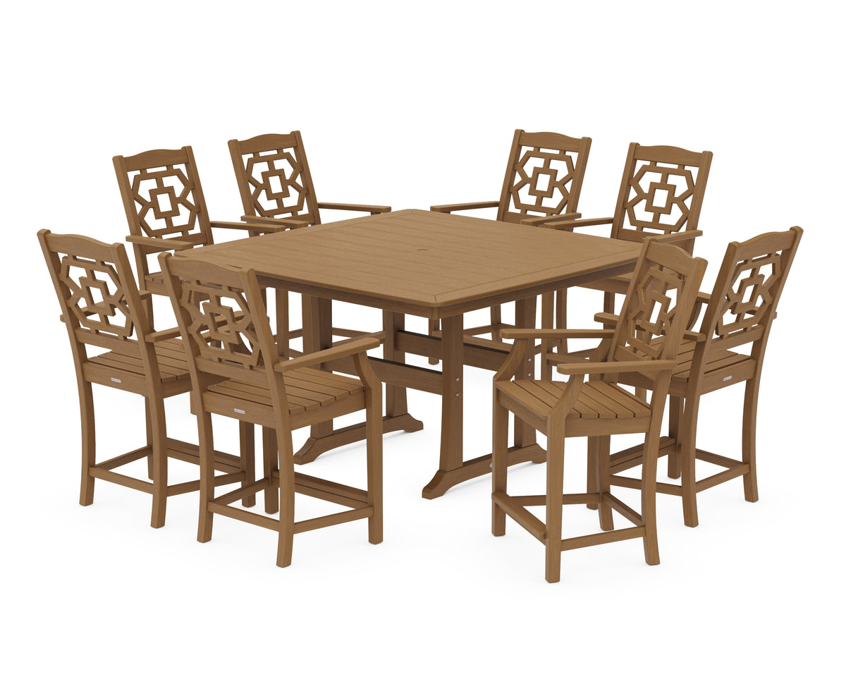 POLYWOOD Chinoiserie 9-Piece Square Counter Set with Trestle Legs in Natural
