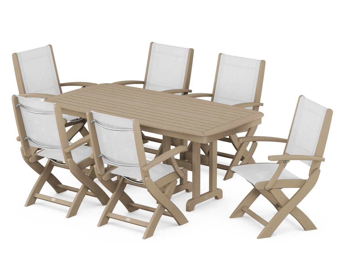 POLYWOOD Coastal Folding Arm Chair 7-Piece Dining Set in Vintage Sahara / White