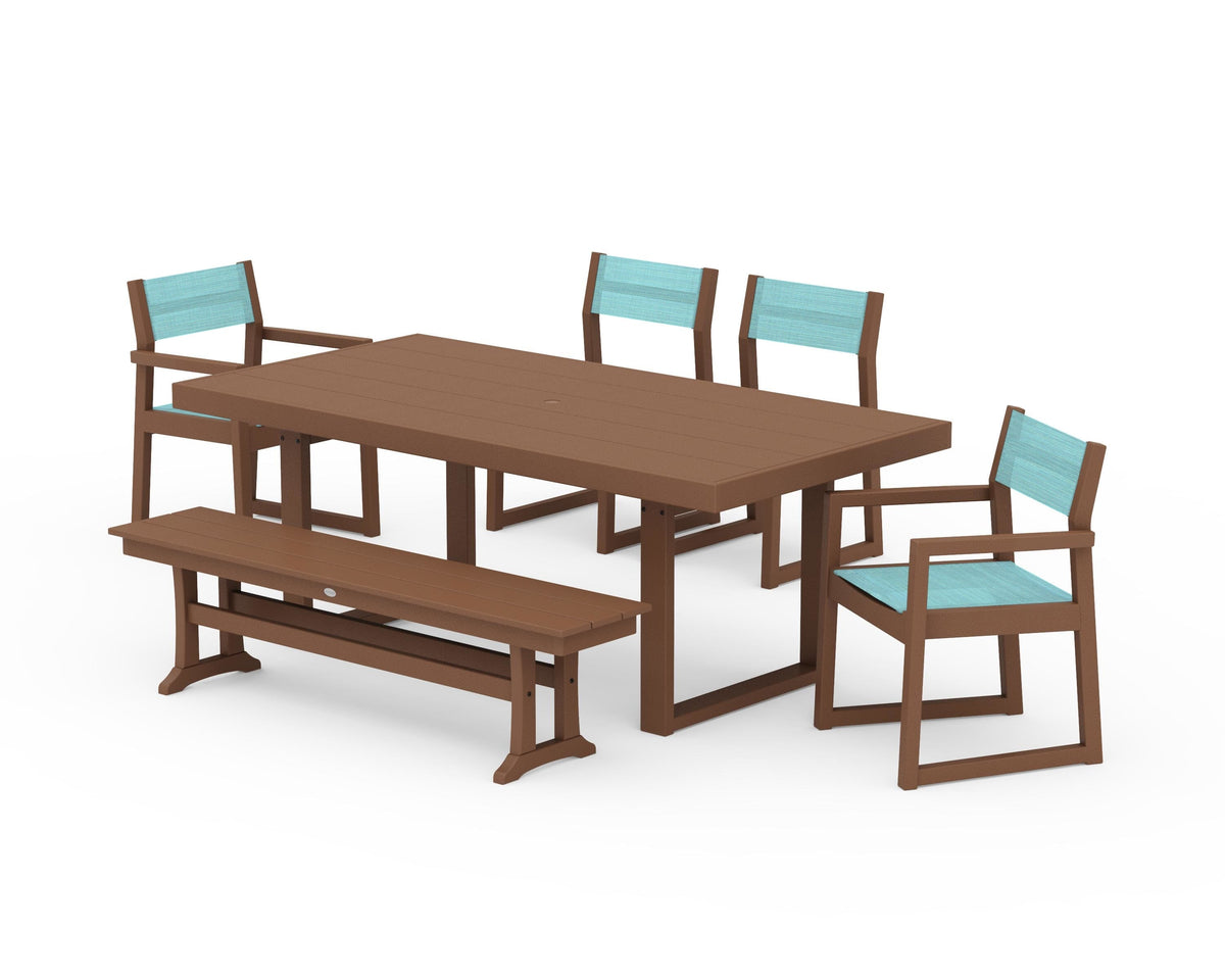 POLYWOOD EDGE Sling 6-Piece Dining Set with Bench in Teak / Dupioni Aquamarine