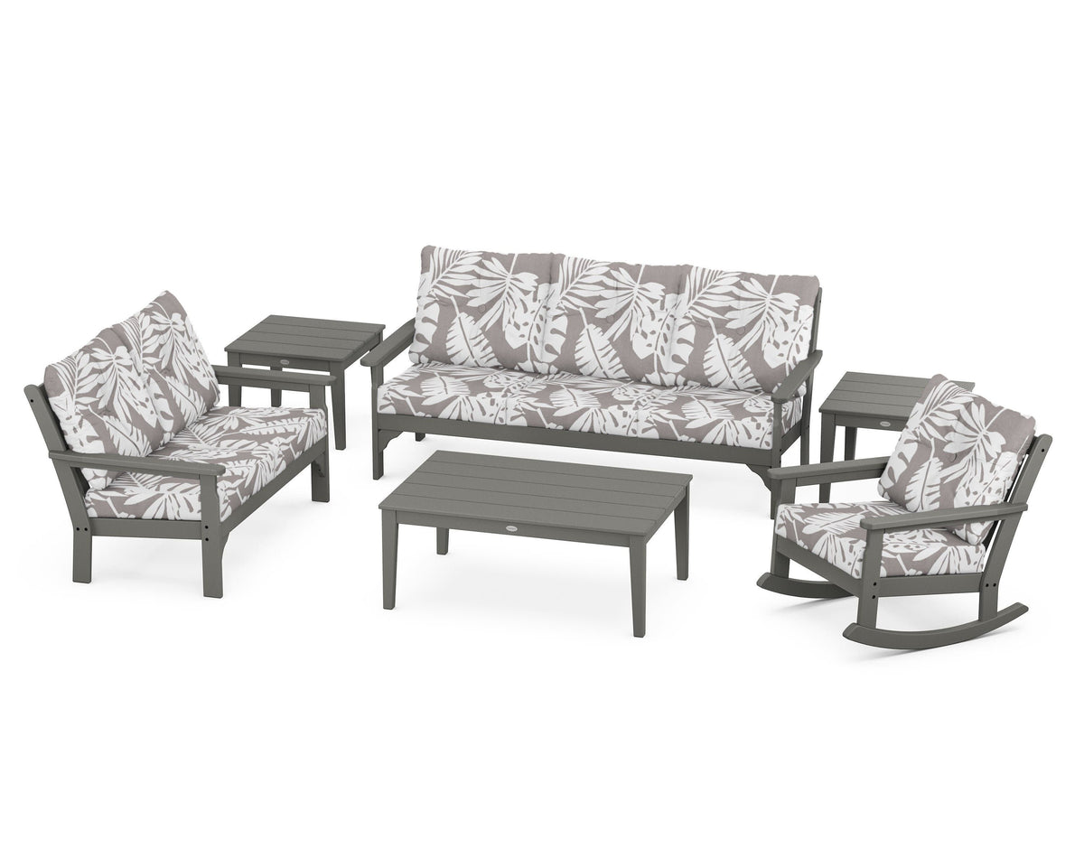 POLYWOOD Vineyard 6-Piece Deep Seating Set with Rocking Chair in Slate Grey / Leaf Grey Mist