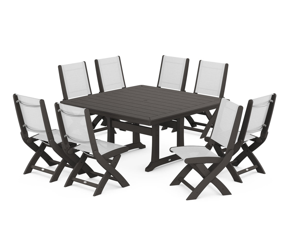 POLYWOOD Coastal Folding Side Chair 9-Piece Dining Set with Trestle Legs in Vintage Coffee / White