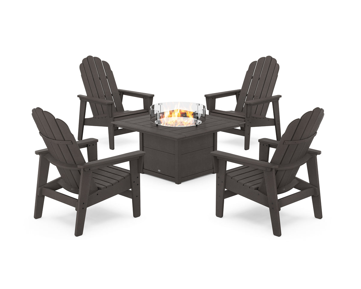 POLYWOOD 5-Piece Vineyard Grand Upright Adirondack Conversation Set with Fire Pit Table in Vintage Coffee