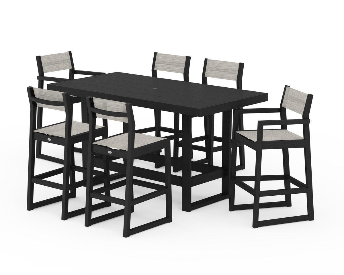 POLYWOOD EDGE Sling 7-Piece Bar Table Set in Black / Birch