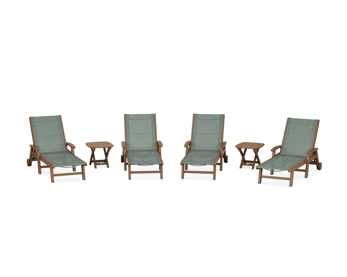 POLYWOOD Coastal Chaise 6-Piece Set with Wheels in Teak / Dupioni Sea Mist