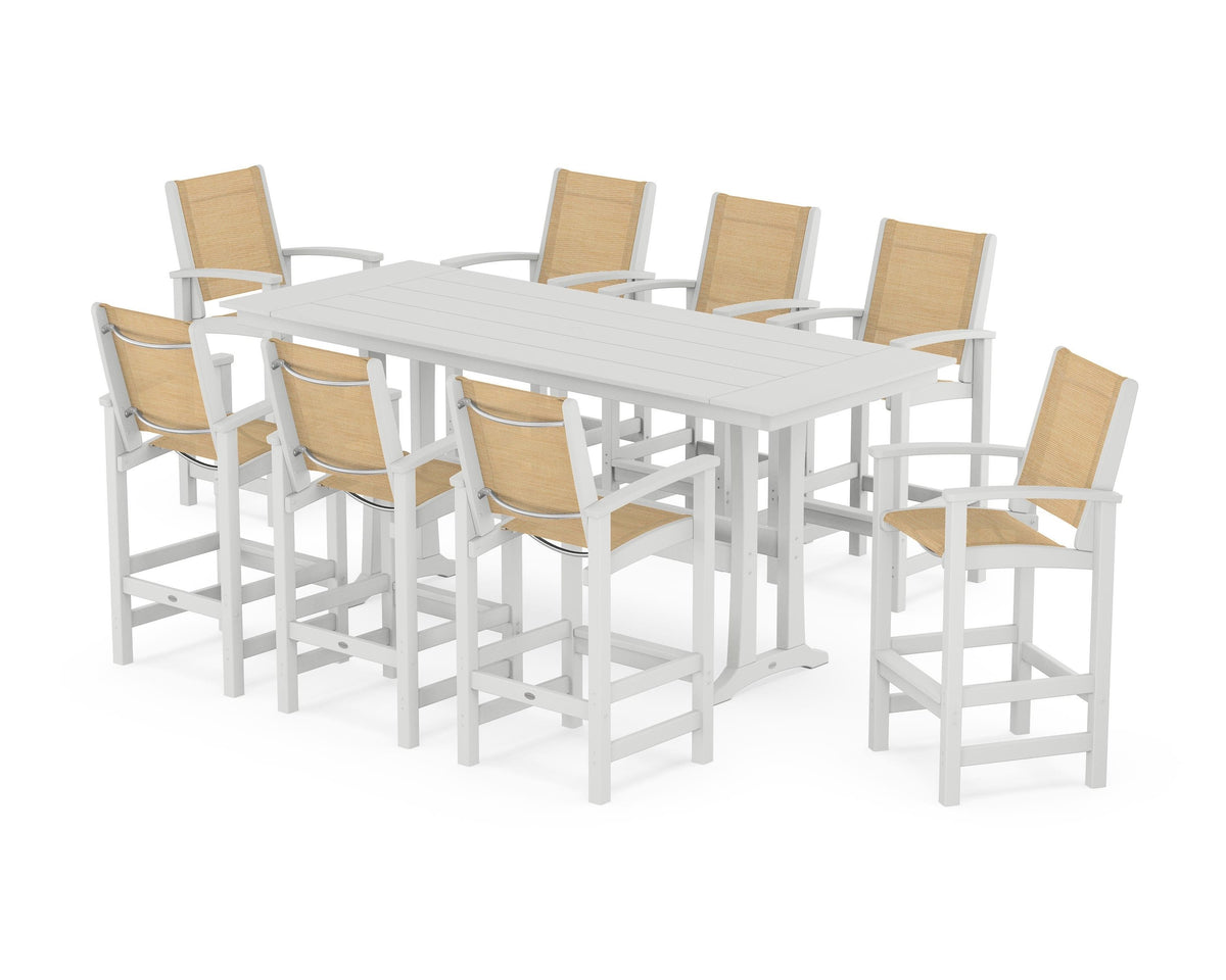 POLYWOOD Coastal 9-Piece Farmhouse Bar Set with Trestle Legs in White / Dupioni Apricot