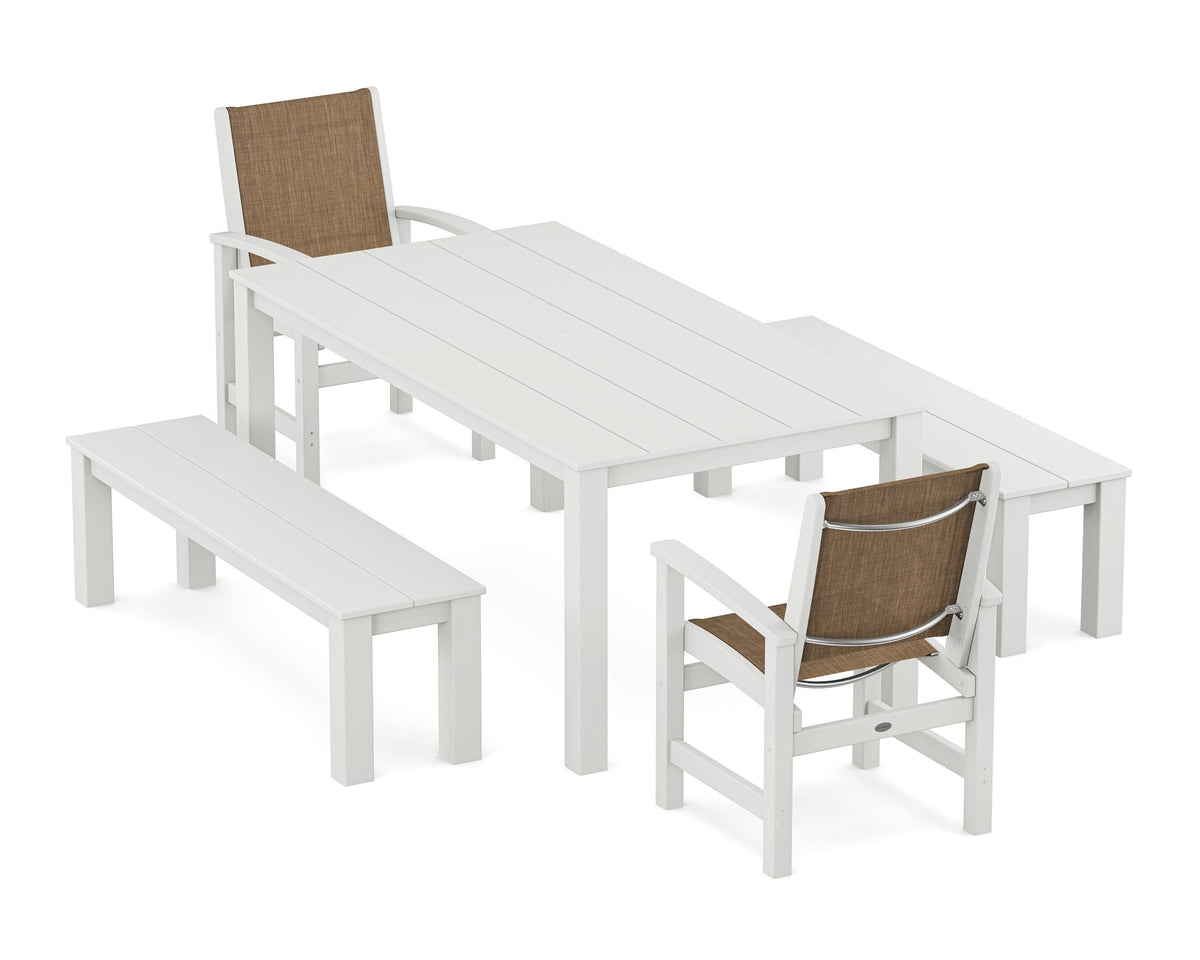POLYWOOD Coastal 5-Piece Parsons Dining Set with Benches in White / Burlap