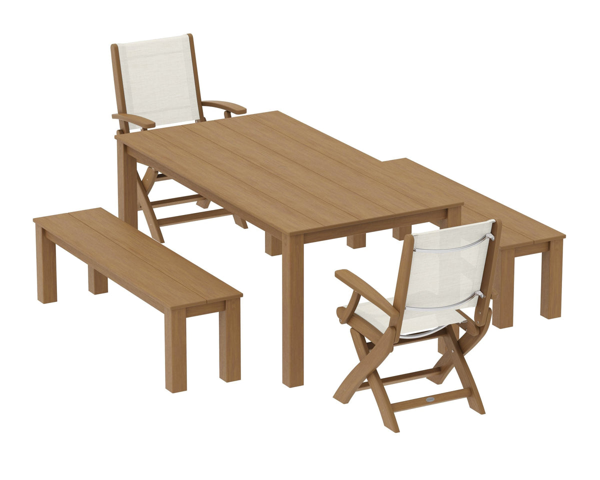 POLYWOOD Coastal Folding Chair 5-Piece Parsons Dining Set with Benches in Natural / Parchment