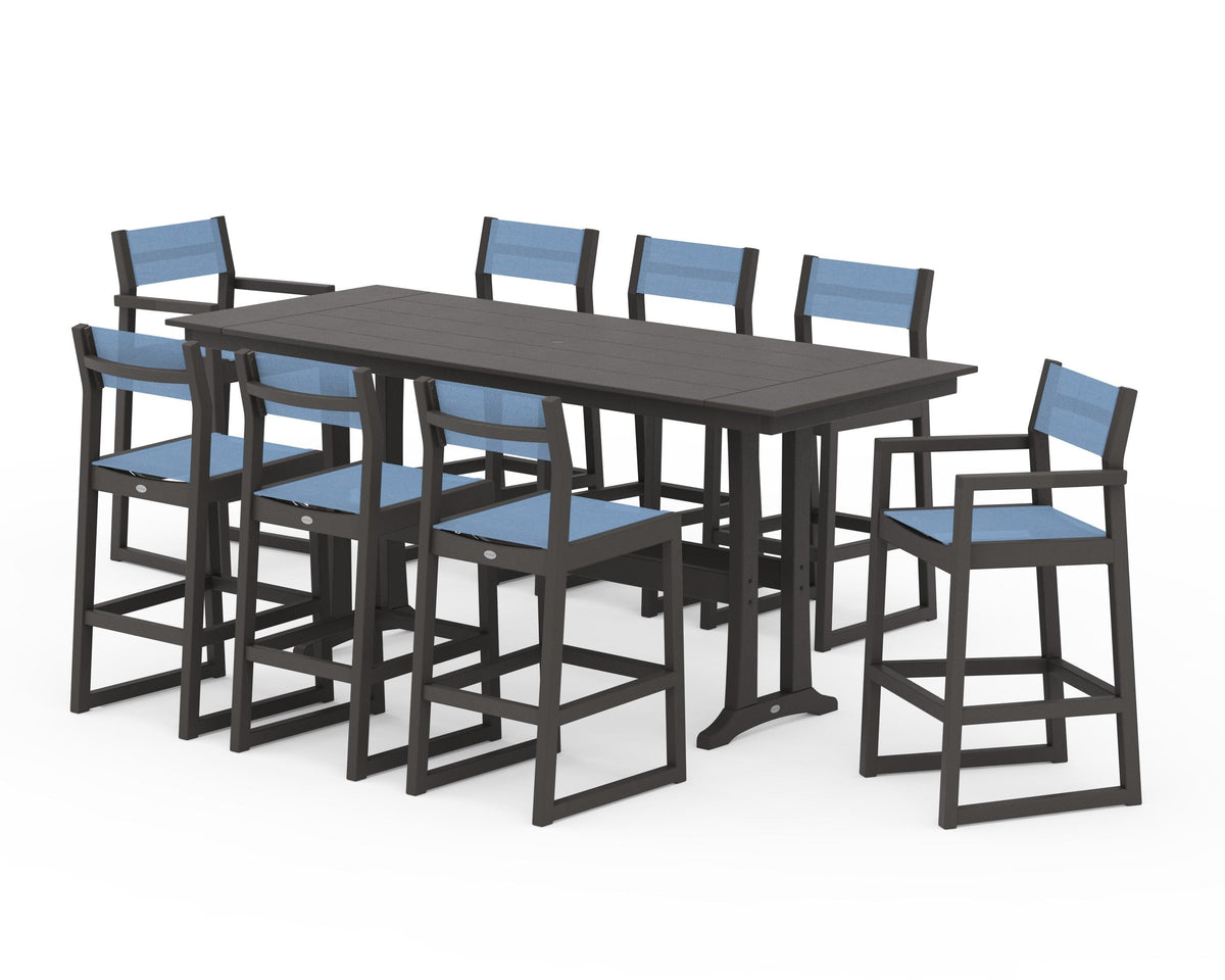 POLYWOOD EDGE Sling 9-Piece Farmhouse Bar Set with Trestle Legs in Vintage Coffee / Poolside