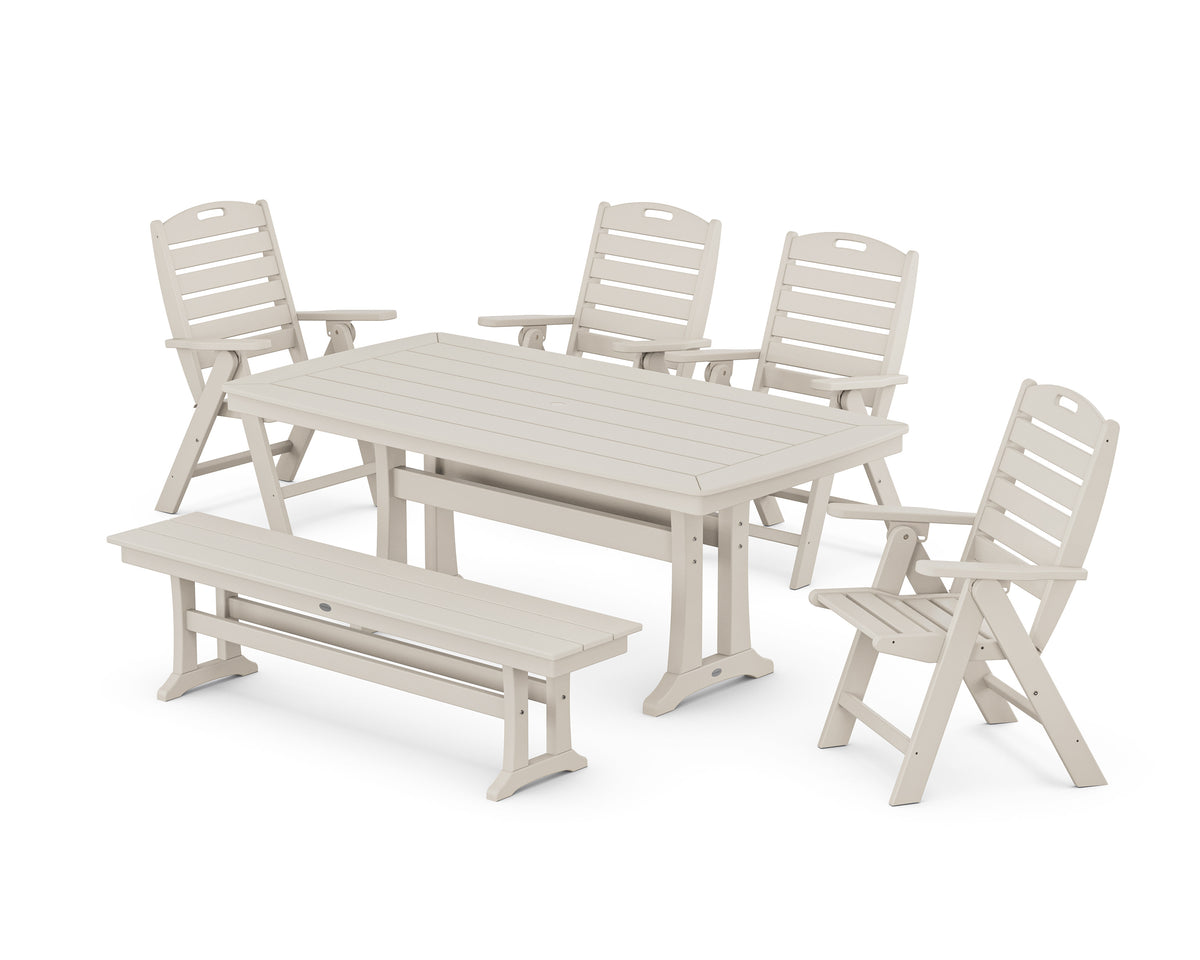 POLYWOOD Nautical Highback 6-Piece Dining Set with Trestle Legs and Bench in Sand