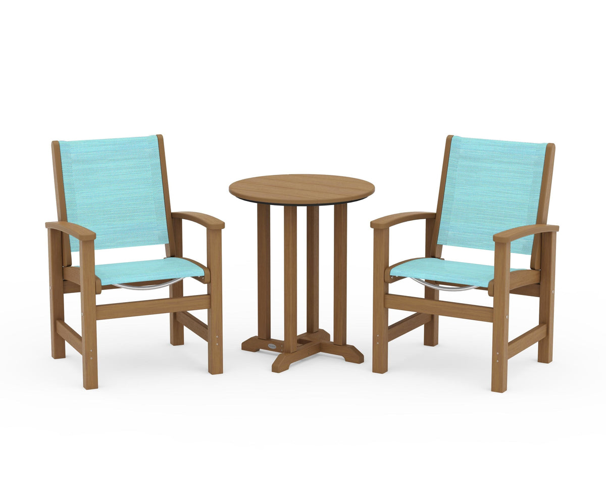 POLYWOOD Coastal 3-Piece Round Bistro Dining Set in Natural / Dupioni Aquamarine
